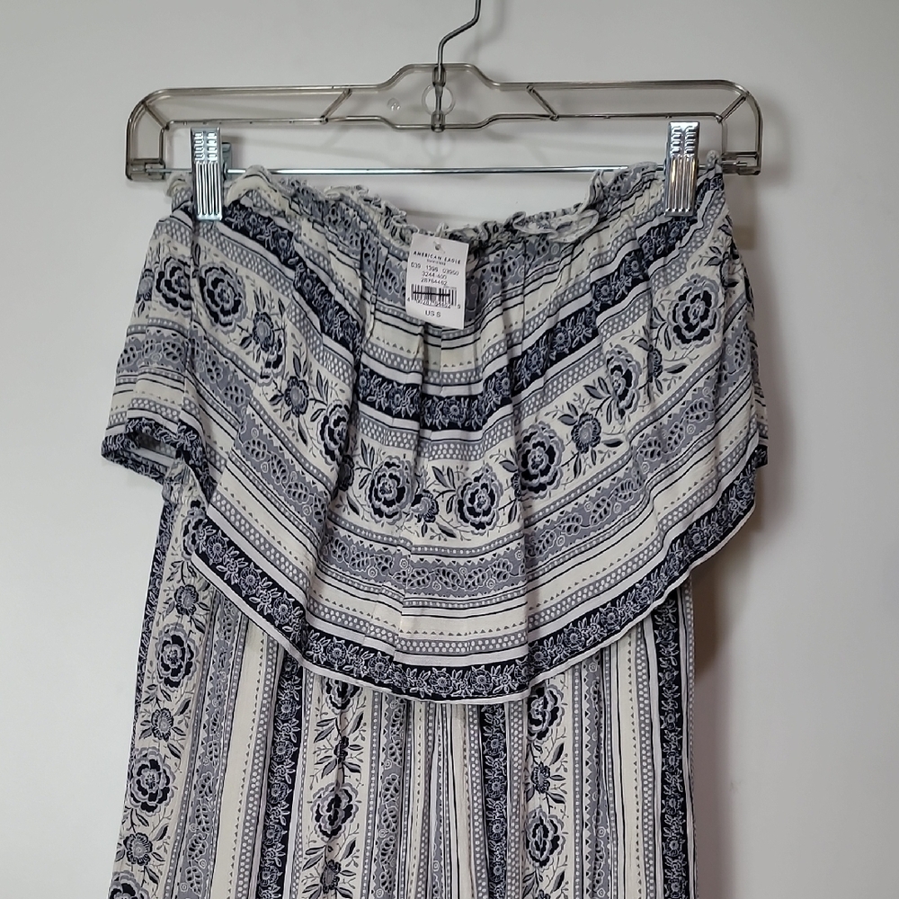 American Eagle Blue White Floral Jumpsuit Ruffle Bodice Strapless Girlhood-Core - Picture 6 of 16
